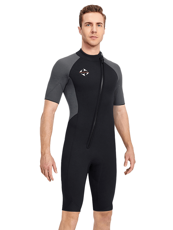 Men's short sleeves wetsuit in black and grey - lightweight, UV protection for swimming, surfing, and diving; 3mm thick.